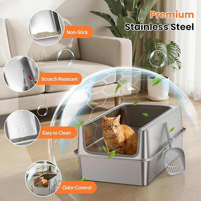 Stainless Steel Litter Box with Metal Lid and Scoop - Enclosed Metal Litter Box for Large Cats, Rust-Resistant, Odor-Control, Easy to Clean, Durable & Long-Lasting with Round Edge (XL-)