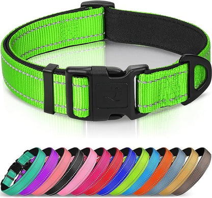 Joytale Reflective Dog Collar, Soft Neoprene Padded, Metal D-Ring, Nylon Pet Collar Adjustable for Medium Dogs, Green, M