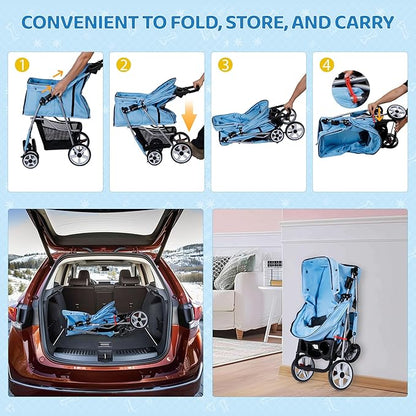 ZENY Foldable Pet Stroller, Cat/Dog Stroller with 4 Wheel, Pet Travel Carrier Strolling Cart with Storage Basket, Cup Holder (Blue)