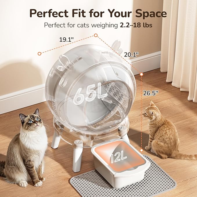 Automatic Self Cleaning Litter Box, Cat Litter Box with APP Control, 65L Globe & Dual Safety Sensors, Robot Litter Box, 1 Roll Garbage Bags and Litter Mat, <35DB, for Multiple Cats, White