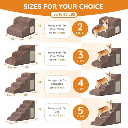 Dogs Steps for Bed, Dog Stairs for Small Dogs, 2-Step Dog Ramp for Bed, Couch, Sofa, and Chairs, Non-Slip Bottom Design, Cat Scratching, High Density Foam Portable Pet Step, Indoor, Coffee