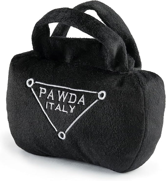 Haute Diggity Dog Pawda Handbag, Plush Designer Dog Toys with Interactive Squeaker, Stimulating Pet Enrichment - Dog Birthday Toy - Machine-Washable & Safe Materials for All Breeds, Size Small