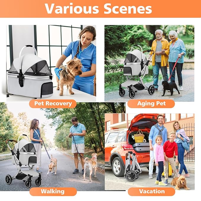 3 in 1 Pet Stroller for Small/Medium Dogs & Cats with Detachable Carrier, Storage Basket and Pet Pad, 4 Wheels Foldable Pet Travel Carrier for Car Seat & Hand Carry, Safe Outings (Grey)