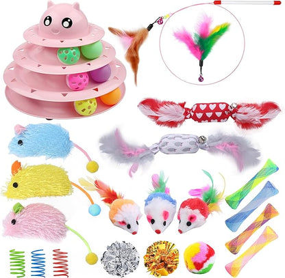 UPSKY 24 PCS Cat Toys, 3-Level Turntable Kitten Toys Set, Interactive Cat Roller Toys for Indoor Cats, Catnip Toys, Cat Teaser Toys, Mice Toys, Spring Toys, Various Ball Toys for Kitty