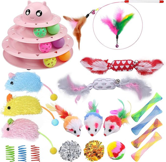UPSKY 24 PCS Cat Toys, 3-Level Turntable Kitten Toys Set, Interactive Cat Roller Toys for Indoor Cats, Catnip Toys, Cat Teaser Toys, Mice Toys, Spring Toys, Various Ball Toys for Kitty