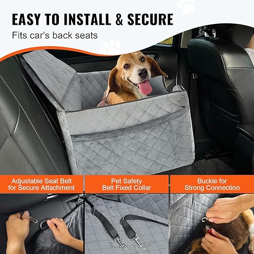 VEVOR Dog Car Seat, Dog Booster Seat for Car with A Storage Pocket, Pet Seat with Clip-On Safety Leash, Sponge Filling, Bed for Medium & Large Dogs up to 55 lbs, Gray
