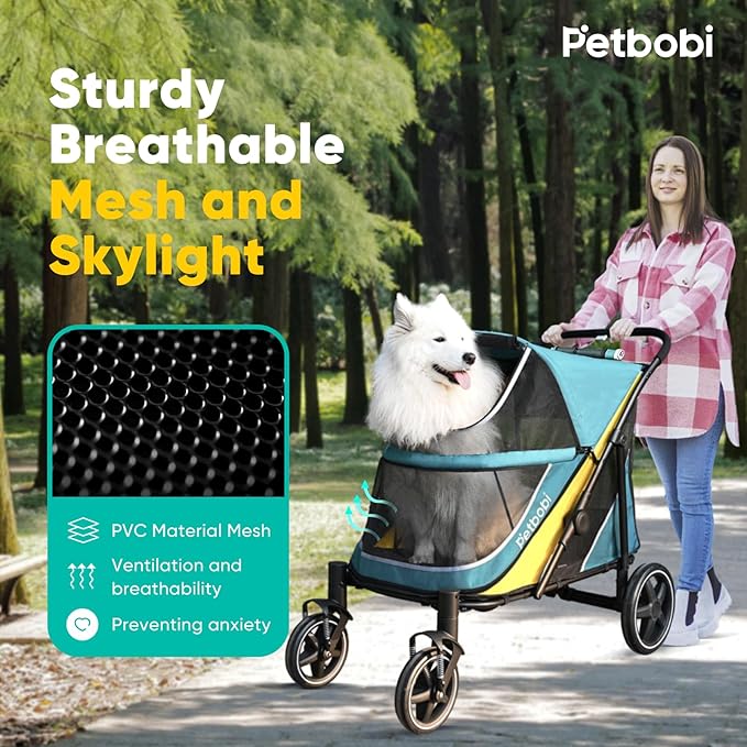 Petbobi Dog Stroller for Large & Medium Dogs - Easy Fold Dual Entry Pet Stroller with One-Foot Brake, All Terrain Wagon Cart with Air Mesh, Ideal for Large Senior Pets up to 80 lbs, Green