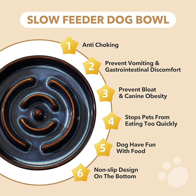 Ceramic 1.6 Cup Raised Slow Feeder Dog Bowl Set, Elevated 7.3inch Bowl and 8.2inch Dish with Acacia Wood Stand for Medium and Large Dog(Starry Sky)