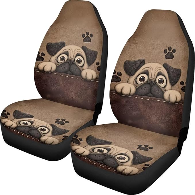 Dreaweet Car Seat Covers for Women Cute Pug Car Accessories Interior 2 Piece Universal Elastic Front Seat Covers for SUV Sedan Washable Vehicle Seat Cover for Carseat Protection