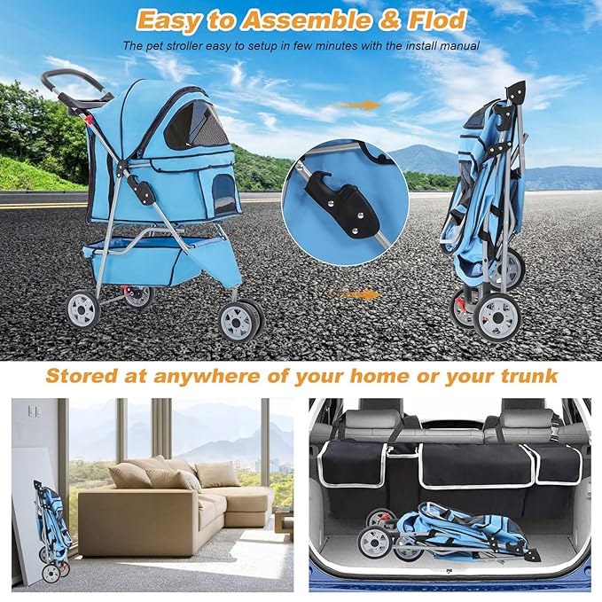 BestPet 3 Wheels Pet Stroller Dog Stroller Cat Cage Jogger Stroller Cats Travel Folding Carrier Waterproof Puppy Stroller with Cup Holder & Removable Liner,Blue