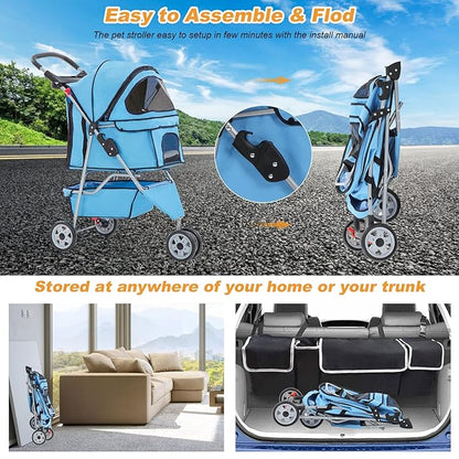 BestPet 3 Wheels Pet Stroller Dog Stroller Cat Cage Jogger Stroller Cats Travel Folding Carrier Waterproof Puppy Stroller with Cup Holder & Removable Liner,Blue