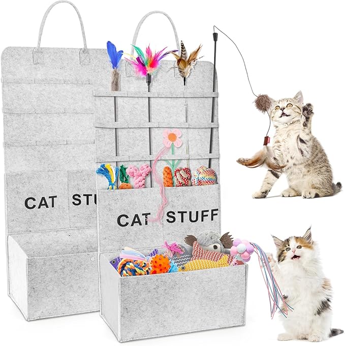 2 Pack Cat Wand Toy Storage Bag, Hanging Cat Teaser Holder for Neatly Organization, Durable Feather Pet Toy Organizer Bag with Handle for Indoor Pet Supplies, Feline Safety