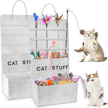 2 Pack Cat Wand Toy Storage Bag, Hanging Cat Teaser Holder for Neatly Organization, Durable Feather Pet Toy Organizer Bag with Handle for Indoor Pet Supplies, Feline Safety