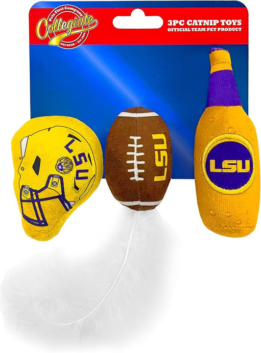 Best Plush CAT Toy - NCAA LSU Complete Set of 3 Piece Cat Toys Filled with Fresh Catnip. Includes: 1 Helmet Cat Toy, 1 Football Cat Toy with Feathers & 1 Beer Bottle. Beautiful Team Logos
