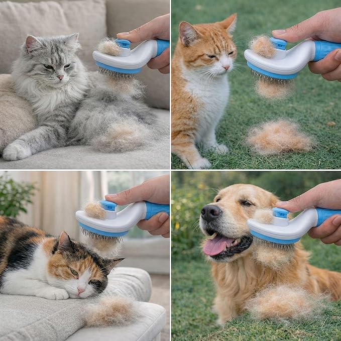 Self Cleaning Slicker Brush for Dogs Cats - One-Click Pet Grooming Tool, Removes Loose Undercoat & Tangles | Gentle Massaging Bristles for Long/Short Hair | Effective Deshedding