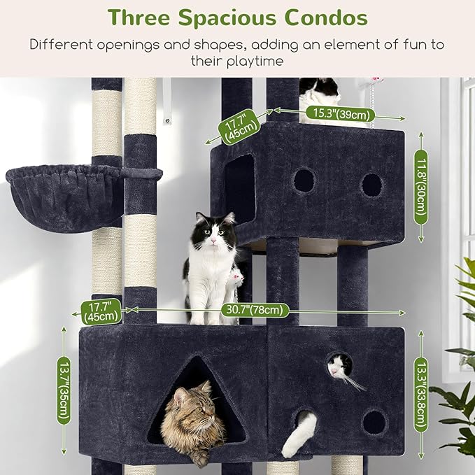Globlazer Extra Large Cat Tower, 81-inch Tall Cat Tree for Big Cats 20 lbs, XXL Heavy Duty Cat Scratching Tower for Indoor Adult Cats with 3 Cat Condos, 8 Scratching Posts, F81, Dark Grey