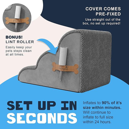 PAWZY Dog Stairs for Medium-Height Beds & Couches, 3-Step Foam Pet Steps 15.5” High for Small Dogs & Cats up to 60 lbs, Wide Non-Slip, Waterproof Washable Zipper Cover, No Assembly, Grey