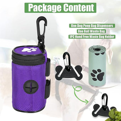 Dog Waste Bag Dispenser Pet Poop Bags Holder for Doggie Waste Bags Dispensers Soft Fabric Zipper Small Doggy Puppy Pouch for Leash Accessory Attachment with Carrier,Paw Print, No-XYBpurple