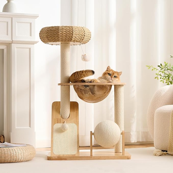 HITTITE Solid Wood Cat Tree Tower with Scratching Post, 36.6 Inches Tall Cat Towers with Scratching Board and Scratcher Ball, Modern Cat Tower With Space Capsule and Hand-Woven Basket for Indoor Cats.