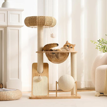 HITTITE Solid Wood Cat Tree Tower with Scratching Post, 36.6 Inches Tall Cat Towers with Scratching Board and Scratcher Ball, Modern Cat Tower With Space Capsule and Hand-Woven Basket for Indoor Cats.