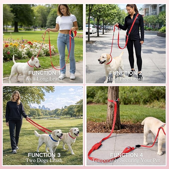 10FT Hands Free Dog Leash for Small Medium Large Dogs, Heavy Duty Reflective Dog Leash with Traffic Handle, Seat Belt Buckle & Poop Bag Holder (Red)