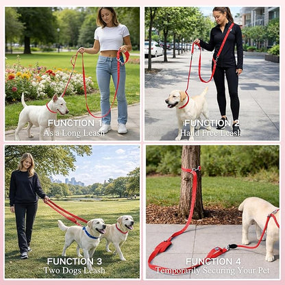 10FT Hands Free Dog Leash for Small Medium Large Dogs, Heavy Duty Reflective Dog Leash with Traffic Handle, Seat Belt Buckle & Poop Bag Holder (Red)