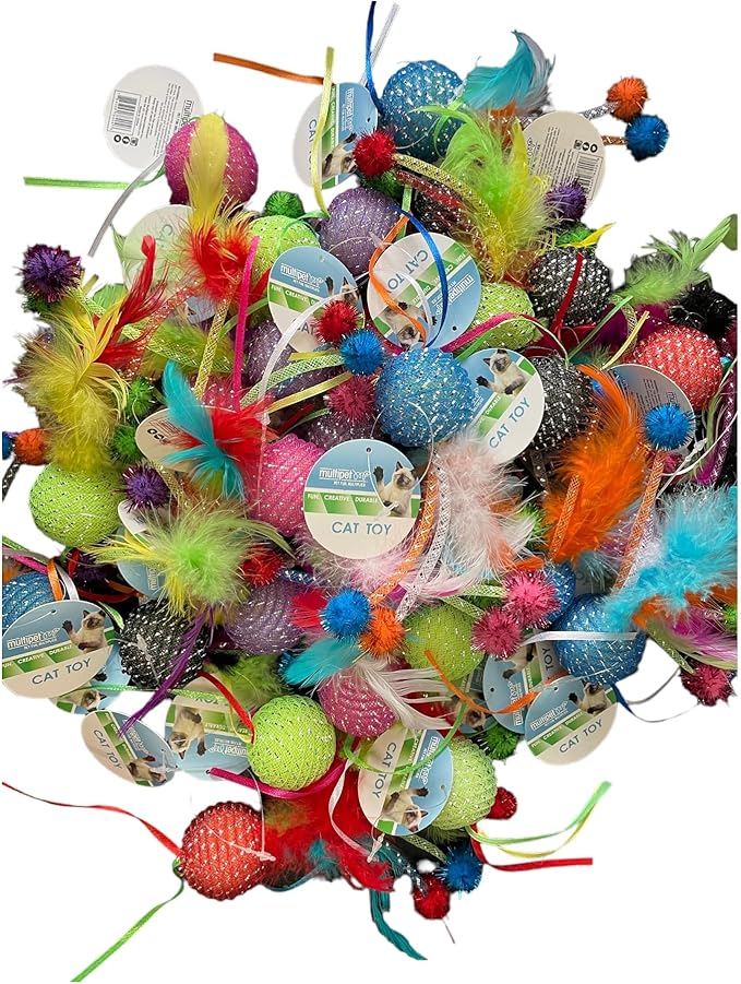 Multipet Mesh Feather Ball Cat Toy - Fun, Creative, Durable Playtime Delights (6-Pack, Colors May Vary)