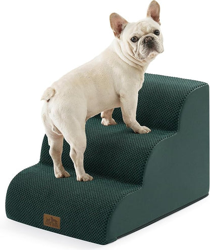 Wide Dog Stairs for Small Dog 15.7" H, Pet Step for Puppy, Older Cat, Curved Ramp for Couch, Durable Anti-Slip Ladder with High Density Foam, 3 Step, 17.7x22.4x15.7 inch, Dark Green