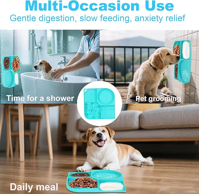 Lick Mat for Dogs, 4-in-1 Slow Feeder Bowl with Non-Slip Suction Cup, Food-Grade Silicone Lick Pads Perfect for Cat Anxiety, Fast Eating & Grooming-Aqua