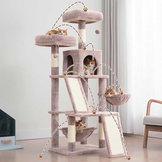Multi-Level Cat Tree for Indoor Cats, Cat Tower with 2 Scratching Boards, 2 Plush Padding Platforms, Cat Condo House with Hammock, Basket, Muchroom GCT022MU