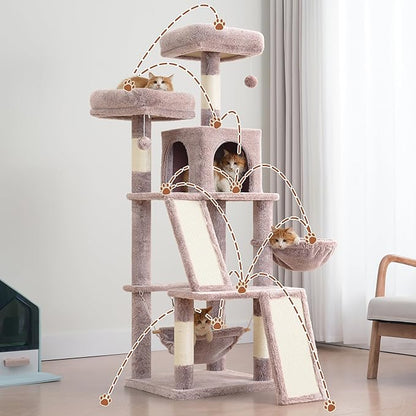 Multi-Level Cat Tree for Indoor Cats, Cat Tower with 2 Scratching Boards, 2 Plush Padding Platforms, Cat Condo House with Hammock, Basket, Muchroom GCT022MU
