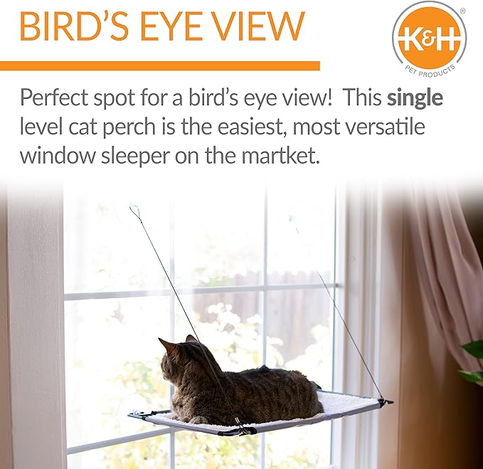 K&H Pet Products Window Lounger Cat Window Perch for Large Cats, Sturdy Kitty Sill Window Hammock Bed, Steel Frame, Sturdy Suction Cups, Washable Shelf Cover, Foldable - 23 X 12in Fleece