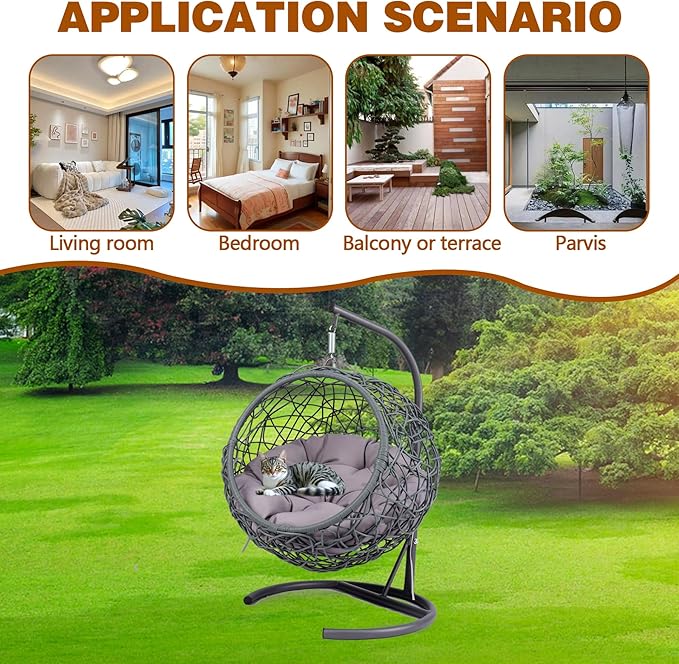 Cat Egg Chair with Stand & Cushion, Cat Swing Bed with Rattan Wicker Appearance, Hanging Chair for Indoor Cats Pet Kitten Puppy Small Dogs (Grey, 17.70 Inch)