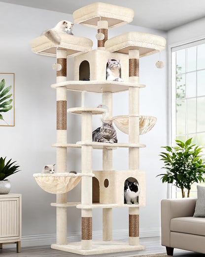 Globlazer Cat Trees and Towers for Multiple Adult Cats, 82-inch XXL Tall Cat Tree Tower for Indoor Cats with Scratching Post, 3 Perches, 2 Condos, 2 Hanging Baskets, F82, Beige
