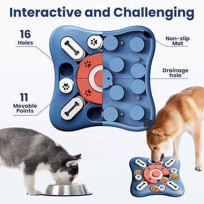 PAWSPIK Interactive Dog Puzzle Toy – Treat Dispensing Slow Feeder for Dogs, Mental Enrichment Toy with Squeaker & 16 Compartments – Durable, Non-Slip, Dishwasher Safe – Light Blue (Orange and Blue)