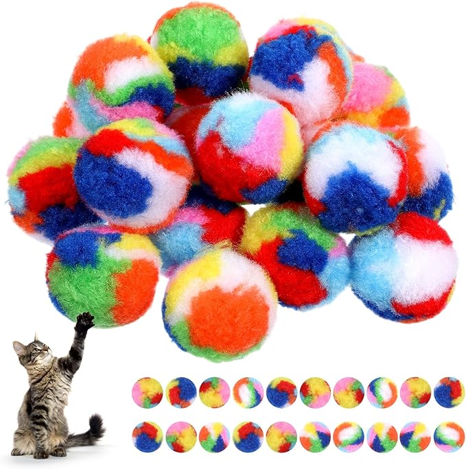 Ouligay 20 PCS Silent Cat Pom Pom Balls Soft Plush Cats Ball 1.6 Inch Rainbow Cat Toy Balls Interactive Lightweight Kitten Puff Ball for Cats Kitten Pet Playing Exercising