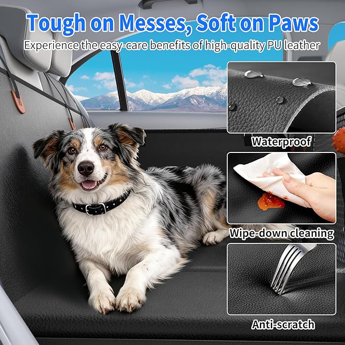 Back Seat Extender for Dogs, Heavy-Duty Hard Bottom Backseat Cover, Car Hammock for Dogs & Pets, Upgraded PU Leather - Waterproof & Anti-slip & Anti-scratch & Wipe-down Cleaning for Cars & SUVs
