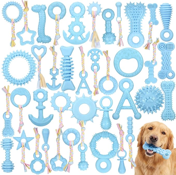 Shappy 40 Pcs Dog Chew Toys for Puppy Dog Toy Bulk Small Dogs Chew Toy for Teething, Relieves Teething Anxiety, Soft & Durable Interactive Toys for Outdoor Play Accessories, Not for Heavy Chewer(Blue)