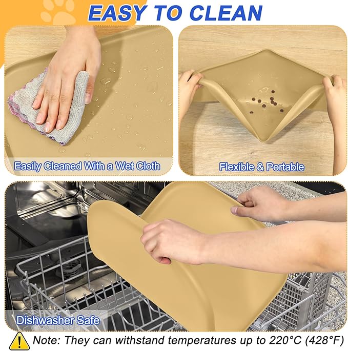 Silicone Pet Feeding Mat with Raised Edge for Food and Water, Dog Bowl Mats, Cat Bowls Placemat with High Lip for Floor Waterproof, Rubber Tray for Cats and Dogs 22 x 14 x0.8 Dark Beige