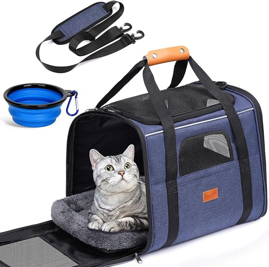 Morpilot Pet Travel Carrier Bag, Soft-Sided Dog Carrier Cat Carrier Pet Carrier, for Large Cats and Medium Puppies up to 25lbs, with Locking Safety Zippers, Foldable Bowl (Dark Blue)