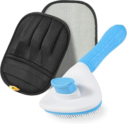 Pet Hair Removal Glove & Brush Set – Self-Cleaning Slicker Deshedding Brush and Reusable Hair Removal Glove for Dogs, and Cats, Gentle Grooming Tool for Long & Short Haired Pets