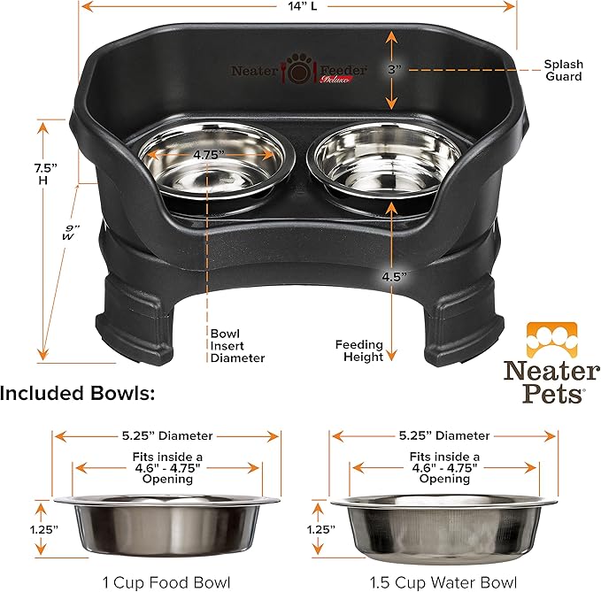 Neater Feeder Deluxe Mess-Proof Elevated Cat Bowls, 2 Height Adjustable (6” & 7.5”) No-Spill Raised Cat Bowl Stand, Whisker Friendly Stainless Steel Dishes for Indoor Cats, Made in USA, Black