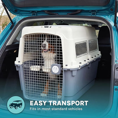 SportPet Airline Compliant XXX-LARGE 44" Travel Dog Kennel-Durable Plastic Airline Pet Carrier w/Removable Wheels & Food Bowls, Collapsible Indoor/Outdoor Dog Kennel, Dogs up to 44"L & 33"H-Cream/Gray