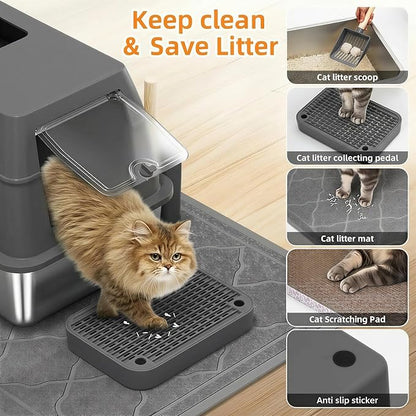 Stainless Steel Litter Box with Lid,Front Entry Top Exit Kitty LitterBox,Extra Large Enclosed Metal Cat Box with Litter Scoop & Litter Mat-Dark Gray