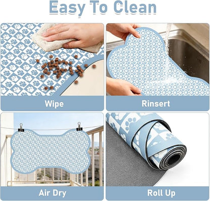 Pet Mats for Food and Water, Blue Bone Dog Food Mat for Floors, Non Slip Indoor Quick Dry Cat Bowl Feeding Mats (16.9” X29.9”)