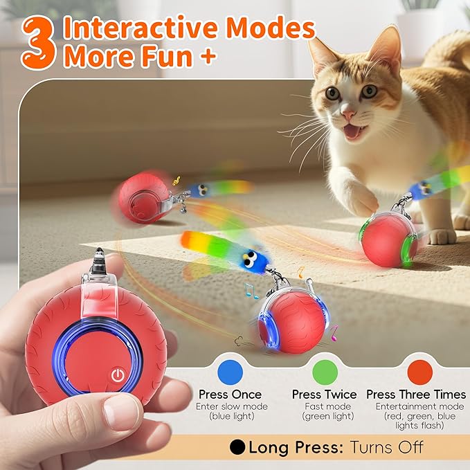 UPSKY Interactive Cat Toy Ball - Automatic Interactive Cat Toys for Indoor Cats, 3-Speed Modes Smart Kitten Toys with Sounds, Rechargeable Cat Ball for Bored Indoor Adult Cats (Red)