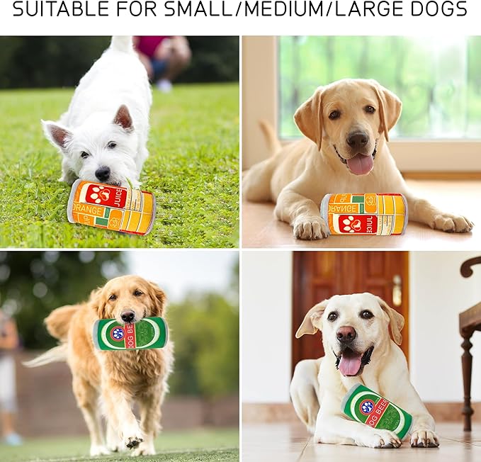 Squeaky Plush Dog Toys 2 Pack - Funny Beer Puppy Toys with Squeaker for Small Medium Large Dogs, Soft Stuffed Chew Toys for Birthday Gifts(Green&Orange)