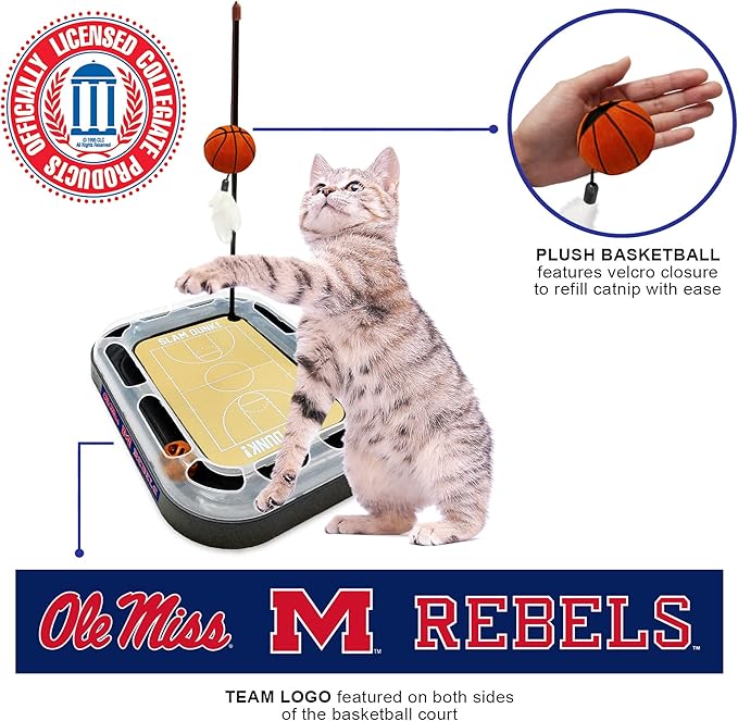 Cat Scratch Toy NCAA Mississippi Ole Miss Rebels Reversible Basketball Court Felt/Cardboard Cat Scratcher Toy. Interactive Cat Ball Bell. 6-in-1 CAT Toy: Cat Wand Poll Catnip-Filled Plush Basketball