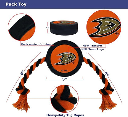 First Dog Puck Rubber Toy - Heavy-Duty Rope Tug for Dogs & Cats - Play Hockey with Your Pet - NHL Anaheim Ducks Licensed Toy
