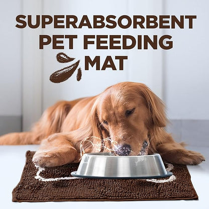 Soggy Doggy Slopmat Dog Food Mat – Absorbent Microfiber Chenille Pet Feeding Mat for Food & Water Bowls, Muddy Paws Small Doormat, Non-Slip, Machine Washable Rug – Chocolate/Oatmeal Bone, 18” x 24”